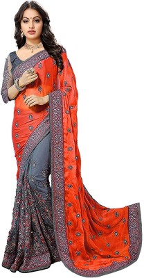 G JELLY FASHION TREE Embroidered Bollywood Net, Art Silk Saree(Orange, Grey)