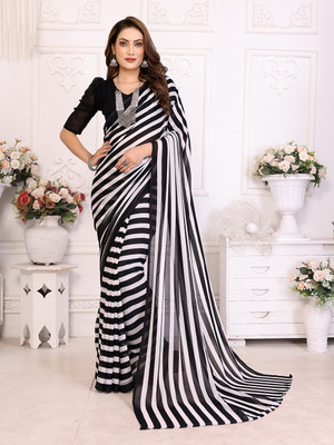 Moda Rapido Printed, Self Design, Striped Daily Wear Georgette Saree(Black)