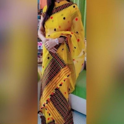 omtextile Woven Mekhela Chador Cotton Blend Saree(Yellow)