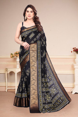 SuperLaxmi Geometric Print Bandhani Cotton Silk Saree(Black)