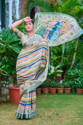 Moda Rapido Printed Daily Wear Cotton Linen Saree(Multicolor)