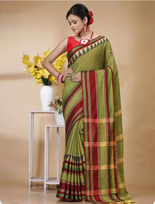 GOURISAREE Temple Border Tant Cotton Blend Saree(Light Green)