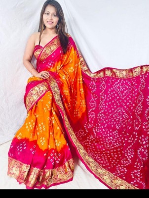 GOWNHOUSE Woven, Striped, Self Design Bandhani Art Silk, Pure Silk Saree(Yellow, Pink)