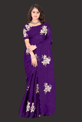 Venyo Apparel Floral Print, Embroidered, Embellished Banarasi Silk Blend Saree(Multicolor)