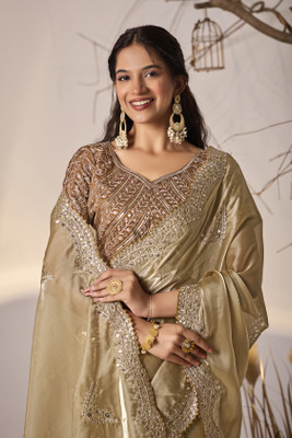 sareya veela Solid/Plain, Embroidered Maheshwari Georgette Saree(Cream)