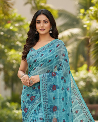 Anugrah Textile Printed Banarasi Lycra Blend, Chiffon Saree(Blue)