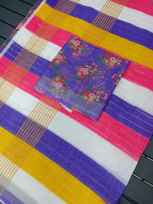 HouseOfCommon Printed Bollywood Cotton Linen, Linen Saree(Purple)
