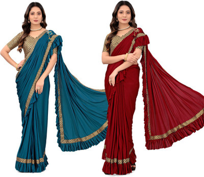 HARIOM FASHION Solid/Plain Bollywood Lycra Blend Saree(Pack of 2, Multicolor)