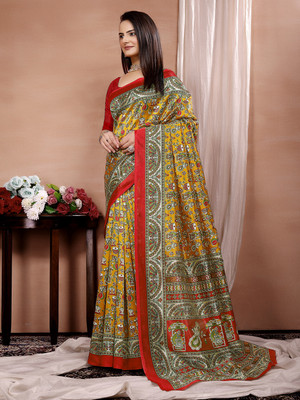 Kanooda Prints Printed Mysore Art Silk Saree(Mustard)