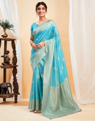 Samah Woven, Embellished Kanjivaram Silk Blend, Jacquard Saree(Pack of 2, Light Blue)