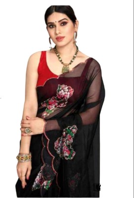 P's Collection Digital Print Bollywood Organza Saree(Black)