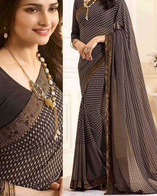 MEETVIN COUTURE Printed, Self Design, Digital Print, Embroidered, Floral Print, Solid/Plain Daily Wear Georgette, Chiffon Saree(Brown)