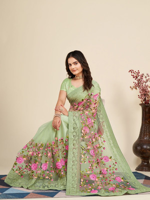 A To Z Cart Embroidered Bollywood Net Saree(Light Green)