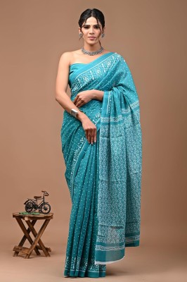 NIKHILAM Blocked Printed, Checkered, Printed, Dyed, Floral Print, Self Design, Digital Print Daily Wear Pure Cotton Saree(Light Blue, White)