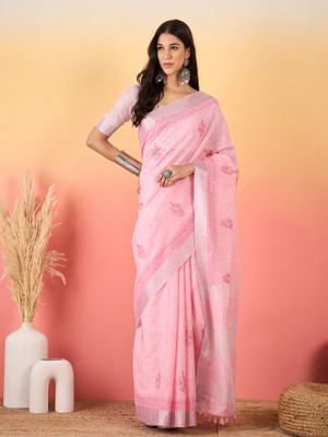 Sangria Woven Paithani Linen Saree(Pink)