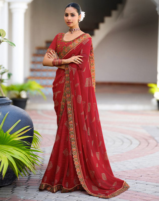 Satrani Printed, Embellished, Embroidered Bandhani Georgette Saree(Red)