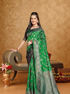 Divastri Woven, Embellished, Geometric Print, Floral Print Banarasi Art Silk Saree(Green)