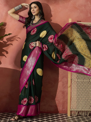 Sangria Printed Saree with Attached Blouse Silk Blend Saree(Green, Multicolor)