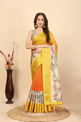 HouseOfCommon Floral Print Madhubani Cotton Silk Saree(Yellow)