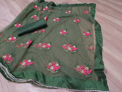 PATLANI STYLE Embroidered Bollywood Net Saree(Dark Green)