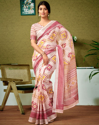 SIRIL Floral Print, Geometric Print, Embellished Bollywood Linen Saree(Pink, White)
