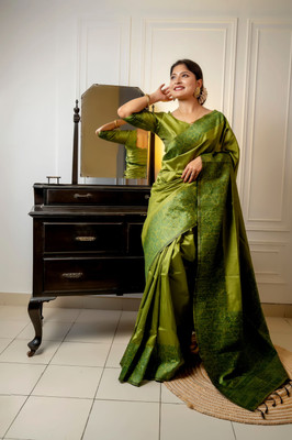 PeachPetals Woven Handloom Cotton Silk Saree(Dark Green)