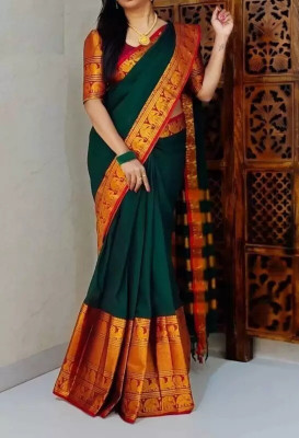 Soham Enterprise Solid/Plain Mysore Silk Blend Saree(Dark Green)