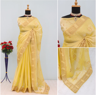 Mikhushop Embroidered Bollywood Jimmy choo Saree(Yellow)