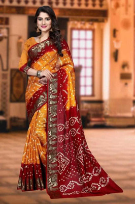 Shivaarya Floral Print Bandhani Cotton Silk Saree(Yellow)