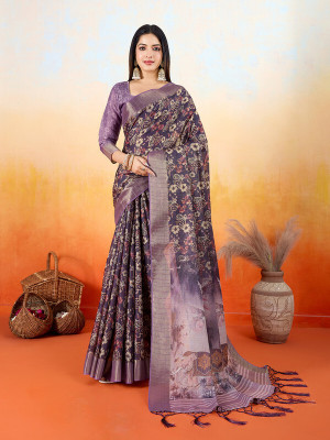 Divastri Digital Print, Printed, Woven Banarasi Tissue Saree(Purple)