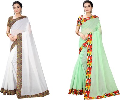 manish Solid/Plain Chanderi Cotton Blend Saree(Pack of 2, White, Light Green)