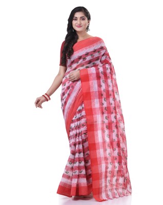 Desh Bidesh Printed, Self Design, Solid/Plain, Striped, Woven Handloom Handloom Cotton Blend, Pure Cotton Saree(Red)