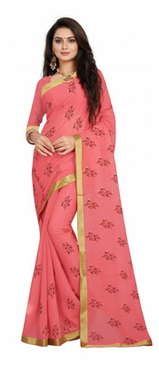 ShivMaya Floral Print Daily Wear Georgette Saree(Gold, Pink)