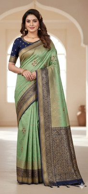 AASTYA FASHION Woven Banarasi Silk Blend Saree(Green)