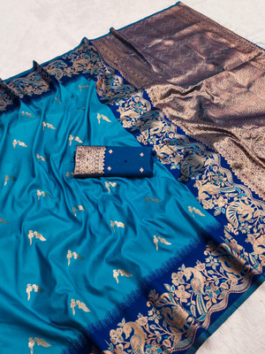 hitesh pahuja Floral Print, Temple Border Banarasi Pure Silk Saree(Blue)