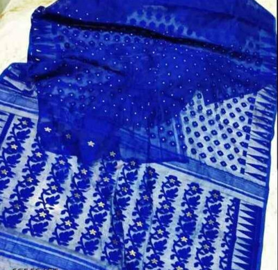Soma Tant saree Mahal Self Design, Woven, Geometric Print Handloom Cotton Silk Saree(Blue)