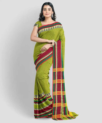 SSK Striped, Checkered, Temple Border Bollywood Handloom Cotton Blend Saree(Blue, Multicolor)