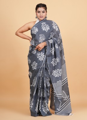 LOVWEAR Printed Ikkat Pure Cotton Saree(Grey)