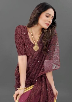 NEXA Solid/Plain Bollywood Net Saree(Brown)