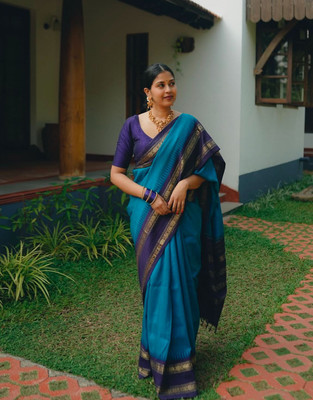 WOMENELEGENCE Printed Banarasi Pure Silk Saree(Blue)