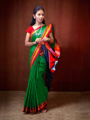 Spewim Solid/Plain Ilkal Cotton Blend Saree(Green)