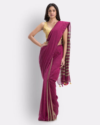 angoshobha Solid/Plain Handloom Pure Cotton Saree(Pink)