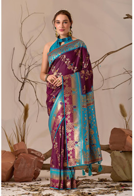 Kathavastra Animal Print, Floral Print, Woven Leheria Silk Blend Saree(Purple)