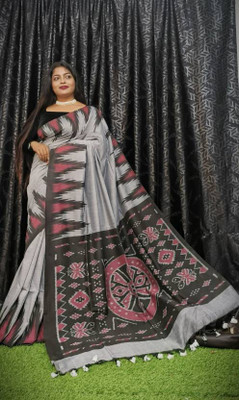 Joyguru Textile Printed Sambalpuri Pure Cotton Saree(Grey)
