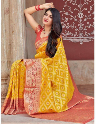 CKDESIGNER Woven Banarasi Jacquard Saree(Yellow)