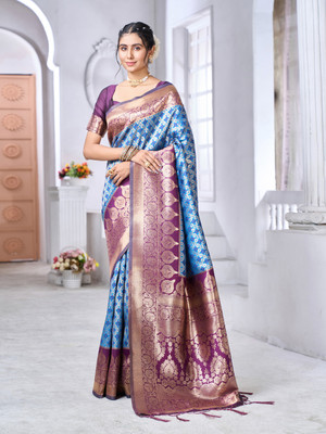 kevami fashion Embellished Banarasi Pure Silk Saree(Light Blue)