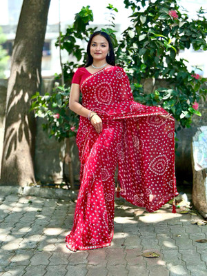 MAHADEV NX Printed Bandhani Georgette Saree(Red, White)