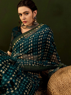Sareemall Printed Bollywood Cotton Linen Saree(Dark Blue)