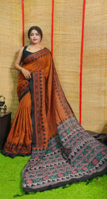 Joyguru Textile Printed Sambalpuri Cotton Blend Saree(Orange)