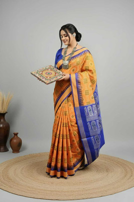 Tilfelle Woven, Temple Border Sambalpuri Silk Blend Saree(Mustard, Blue)